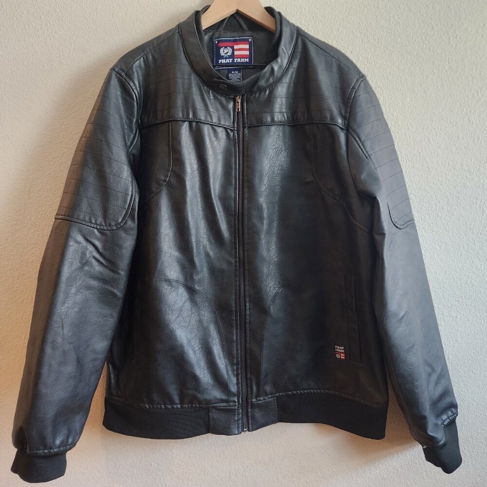Phat Farm Jacket Mens XL Faux Leather Bomber Full Zip Ribbed Trim Streetwear